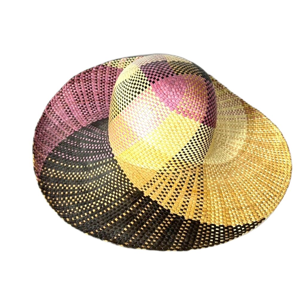 Vintage Lord & Taylor Women's NWT Tan Pink Black Swirl Pattern Straw Sun Hat O/S